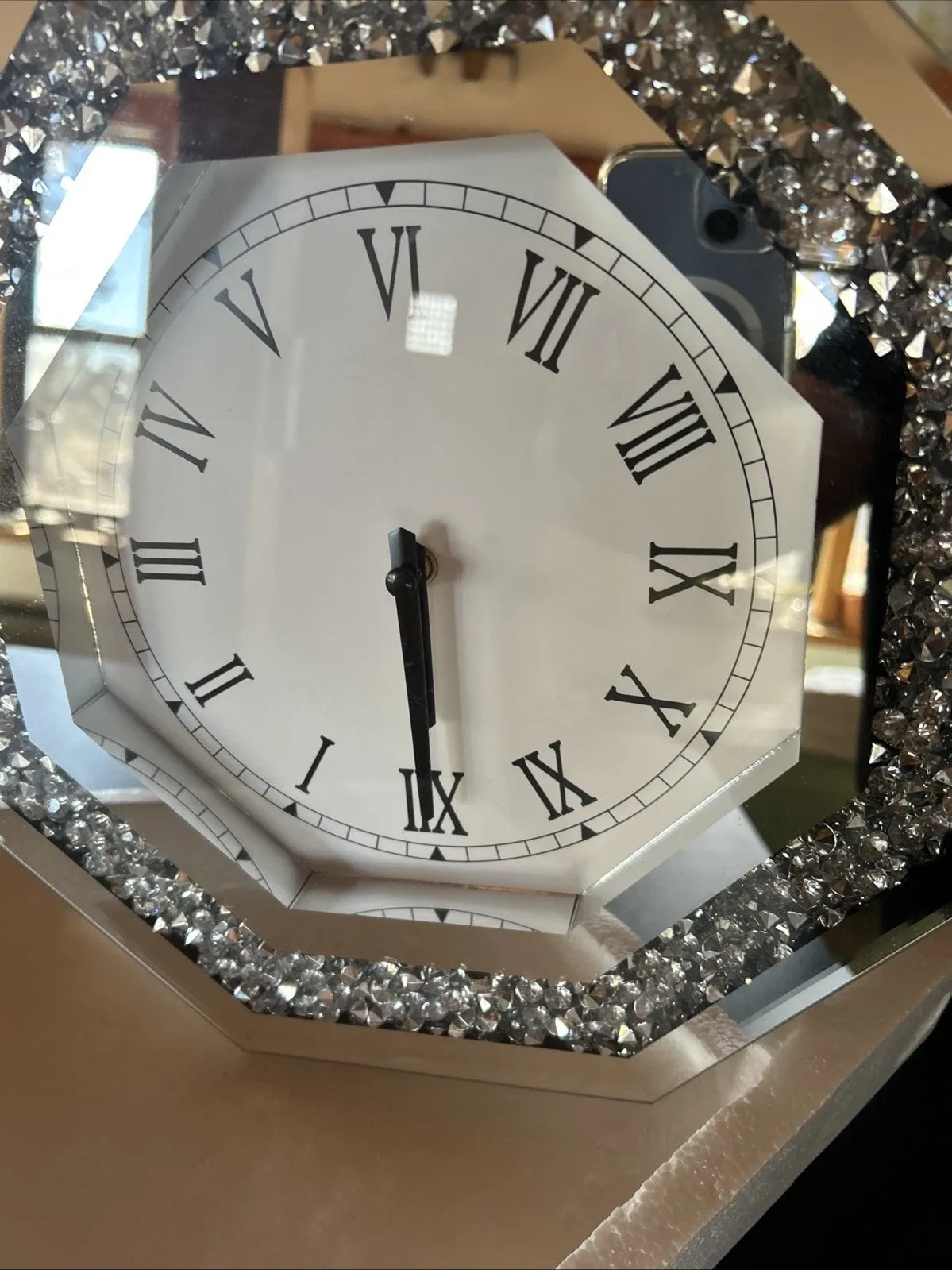 Silver Mirror Clock With Bling Crystals, Medium To Small Sized, Roman Numerals - Image 4