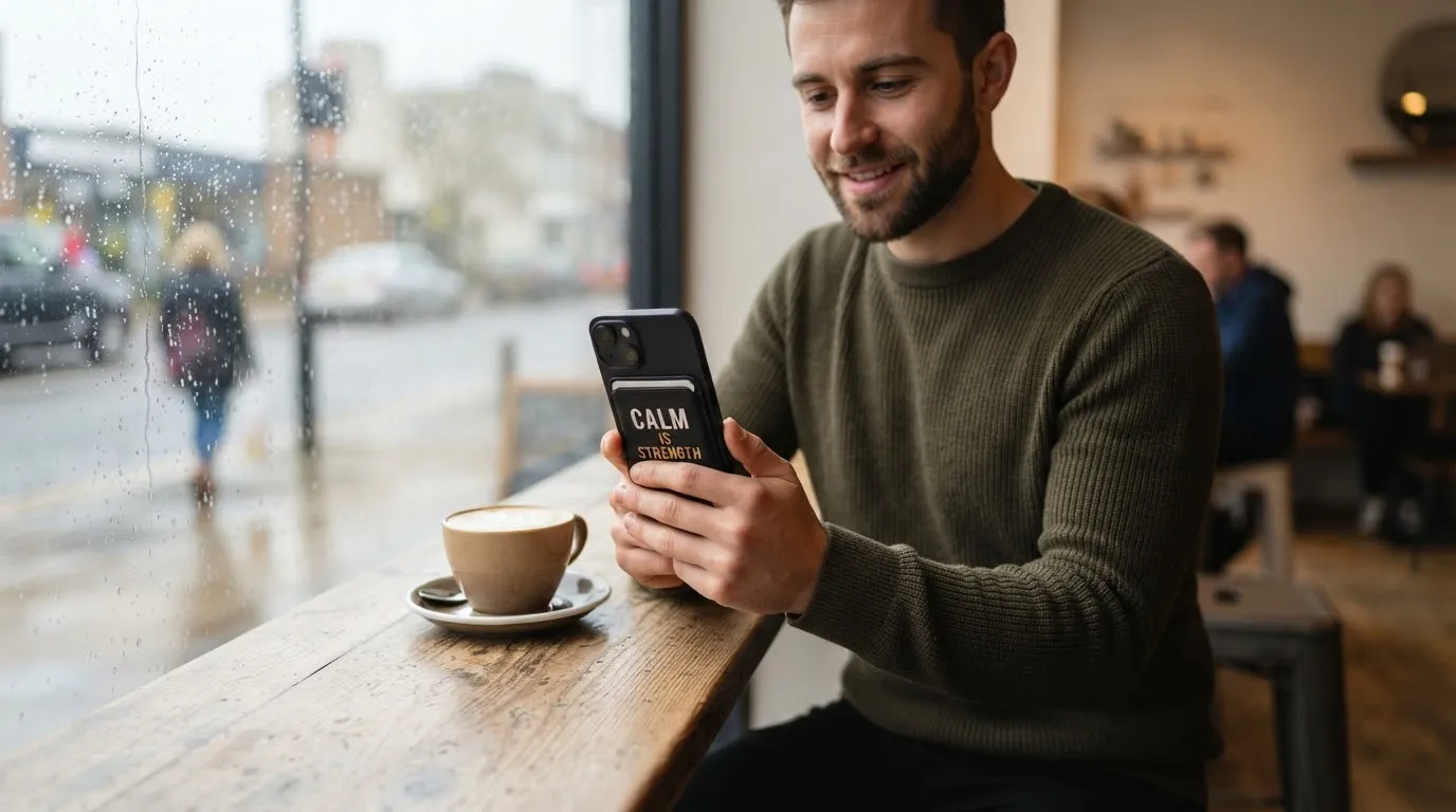 A man at a coffee shop window with the Calm Is Strength MagSafe wallet on his phone