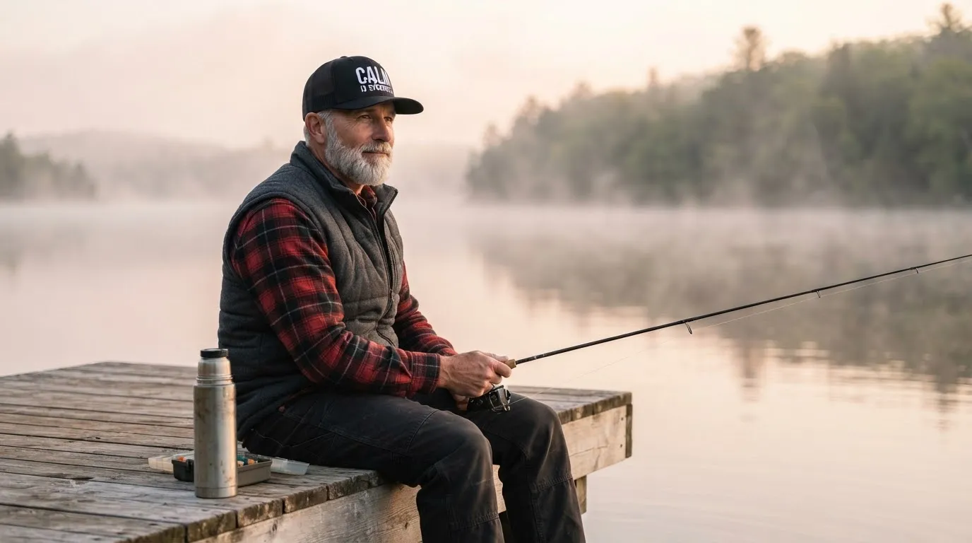 An older man fishing from a dock at dawn in the Calm Is Strength hat