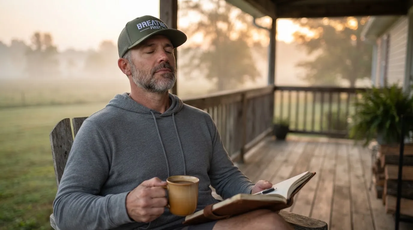 A man with coffee and a journal on his porch, eyes closed, in the Loden Breathe First hat
