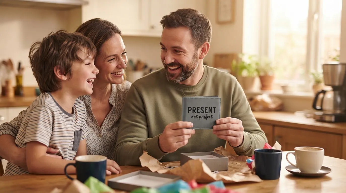 A family laughing as dad opens the Present Not Perfect wallet on Father's Day
