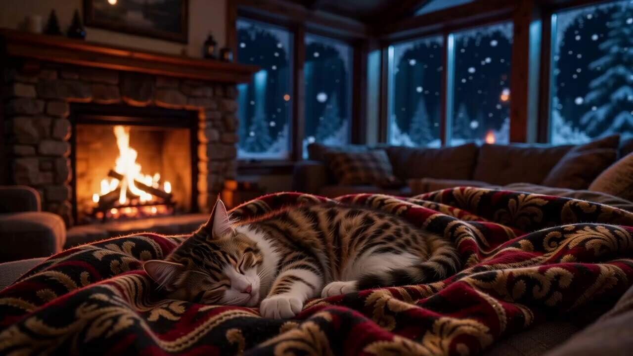Winter Snowfall Ambience With Roaring Fireplace And Cat In Cozy Family Room ❄️🔥🐱