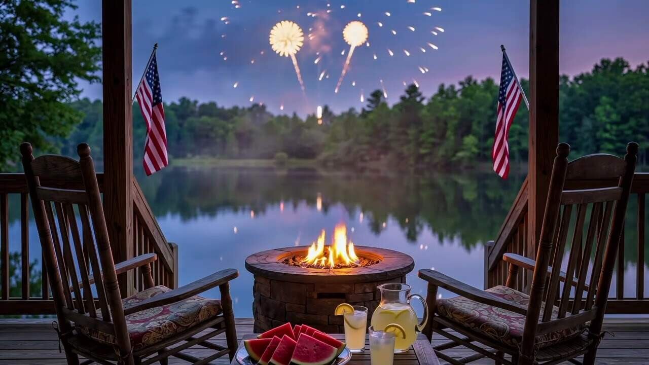 Summer Porch Ambient Video With Patriotic Fireworks, Roaring Fire Pit And Shimmering Lake 🎆🔥🍉🍋