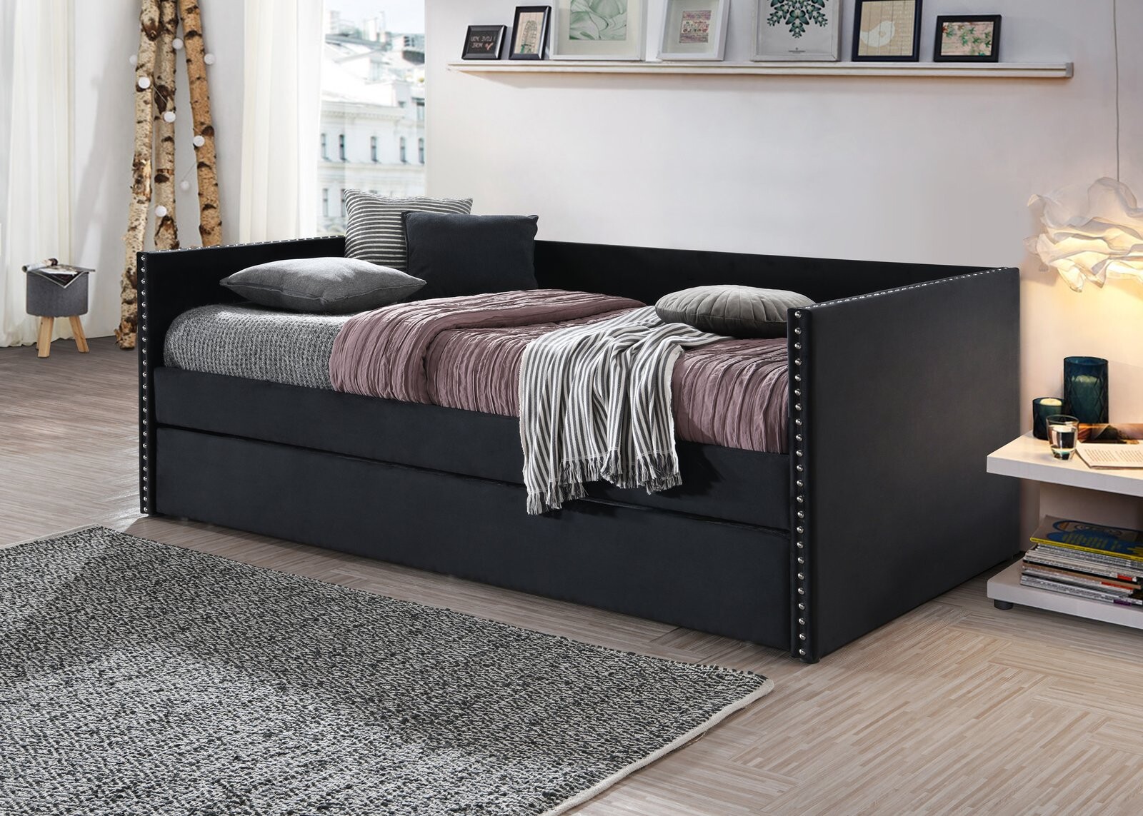 SADIE DAYBED ARMS SLATS-BLK VELVET