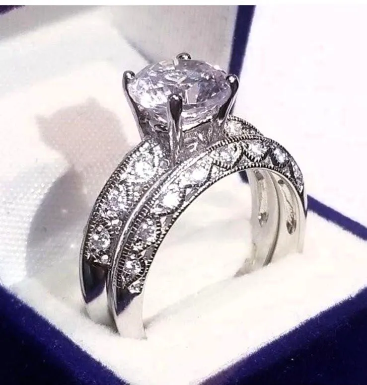 3.50 Round Cut Engagement Ring Wedding Set, White Gold/Sterling 