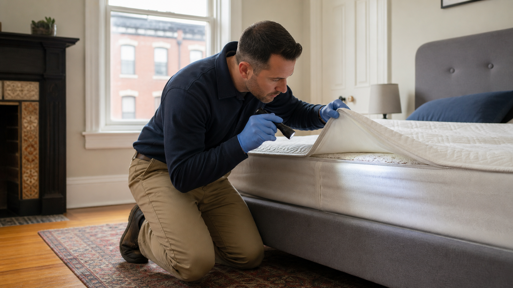 Pest control technician inspecting mattress seams for bed bugs inside a Philadelphia rowhome bedroom.