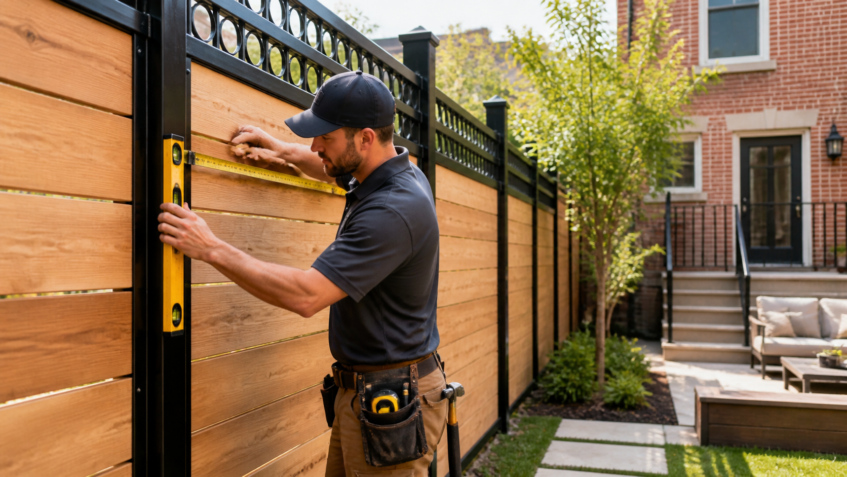 Fence installer measuring a backyard fence line beside a Philadelphia rowhome