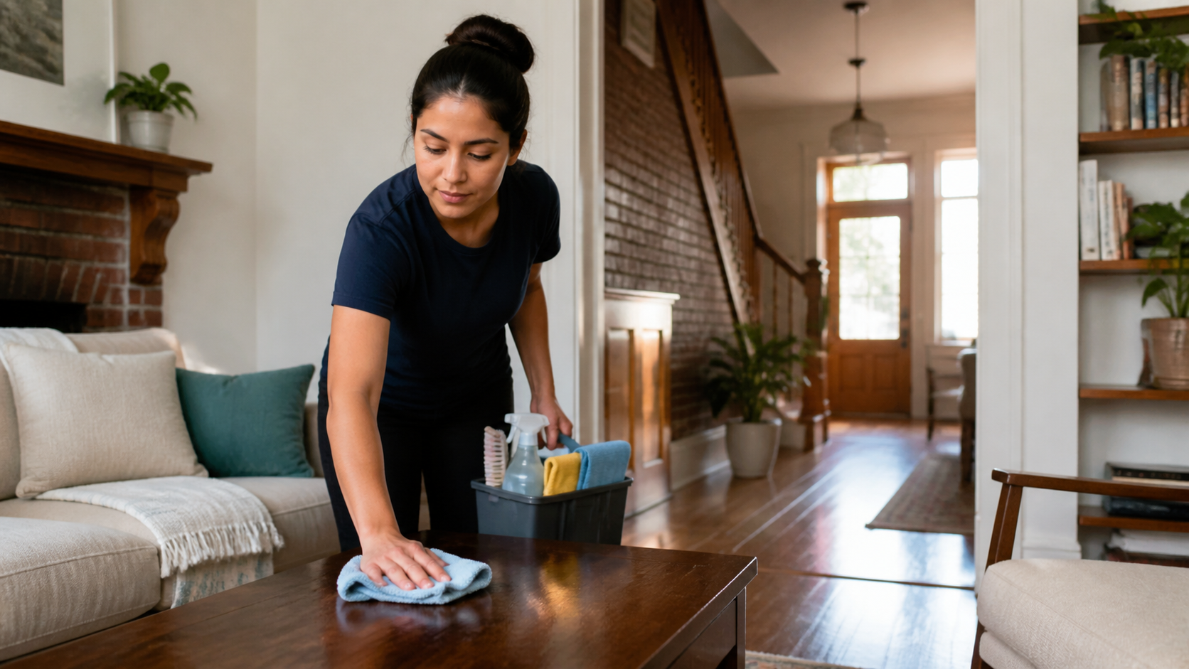 Cleaner working in a bright Philadelphia rowhome living room