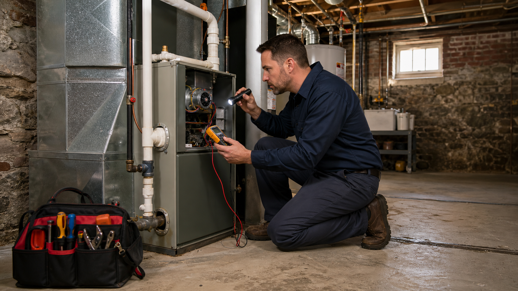 HVAC technician inspecting a heating system in a Philadelphia rowhome basement