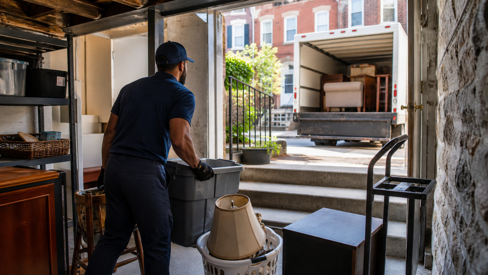 Junk removal worker loading sorted household items from a Philadelphia rowhome