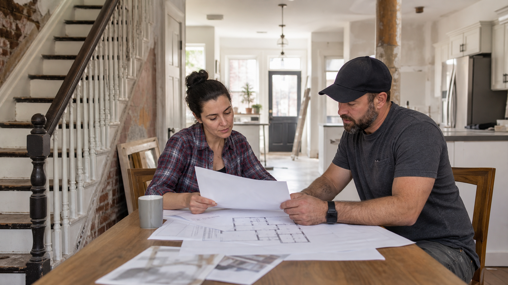 Philadelphia rowhome homeowner reviewing a remodeling estimate with a contractor at a kitchen table.