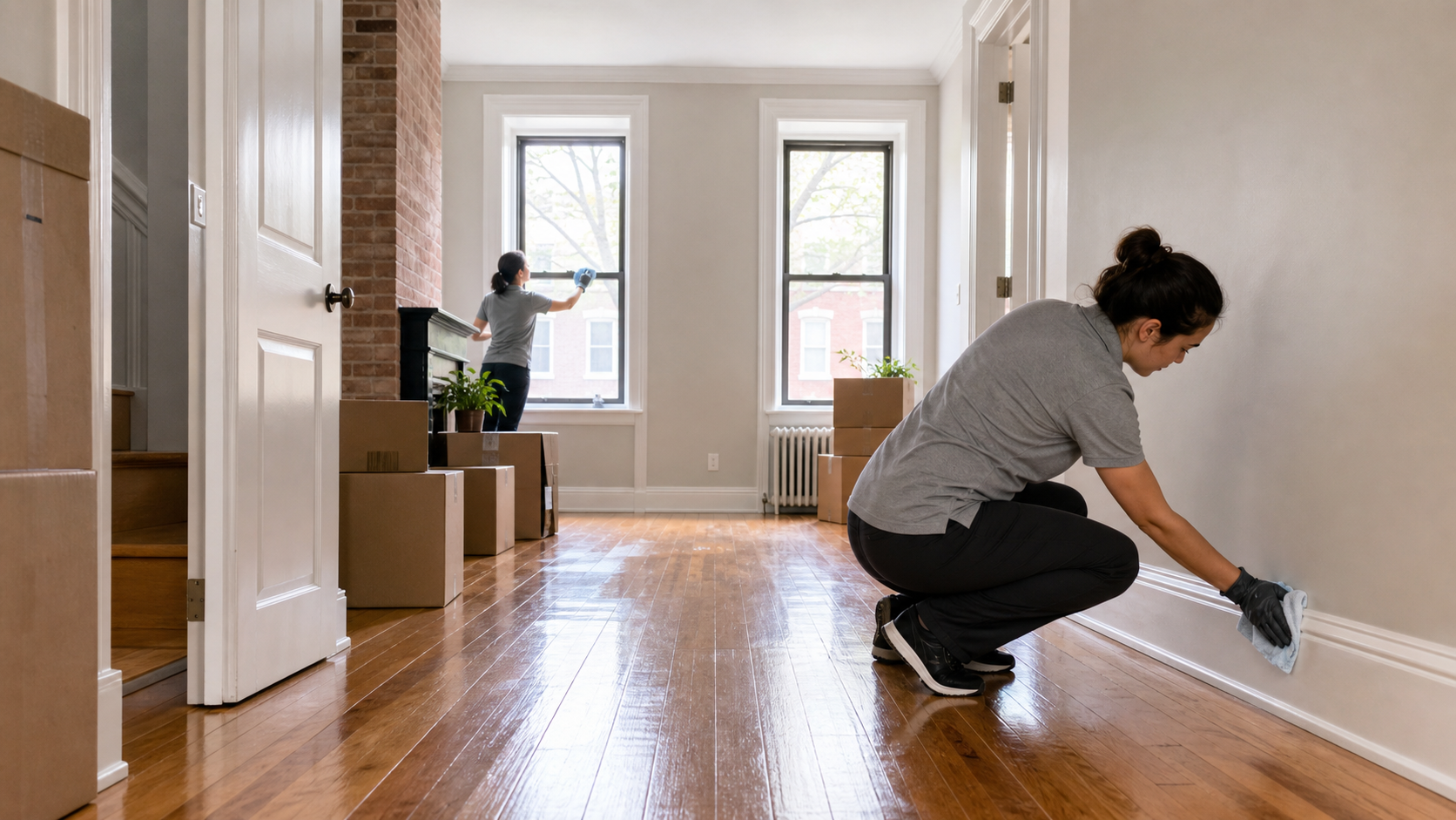 Professional cleaner wiping baseboards in an empty Philadelphia rowhome during a move-out cleaning.