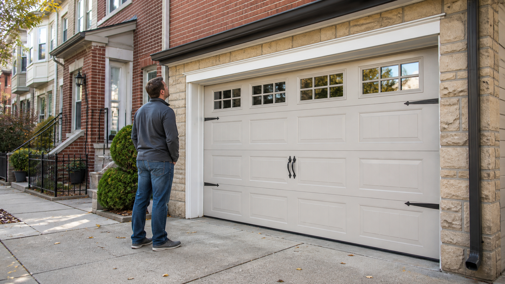 Homeowner inspecting an overhead garage door outside an attached Philadelphia rowhome.