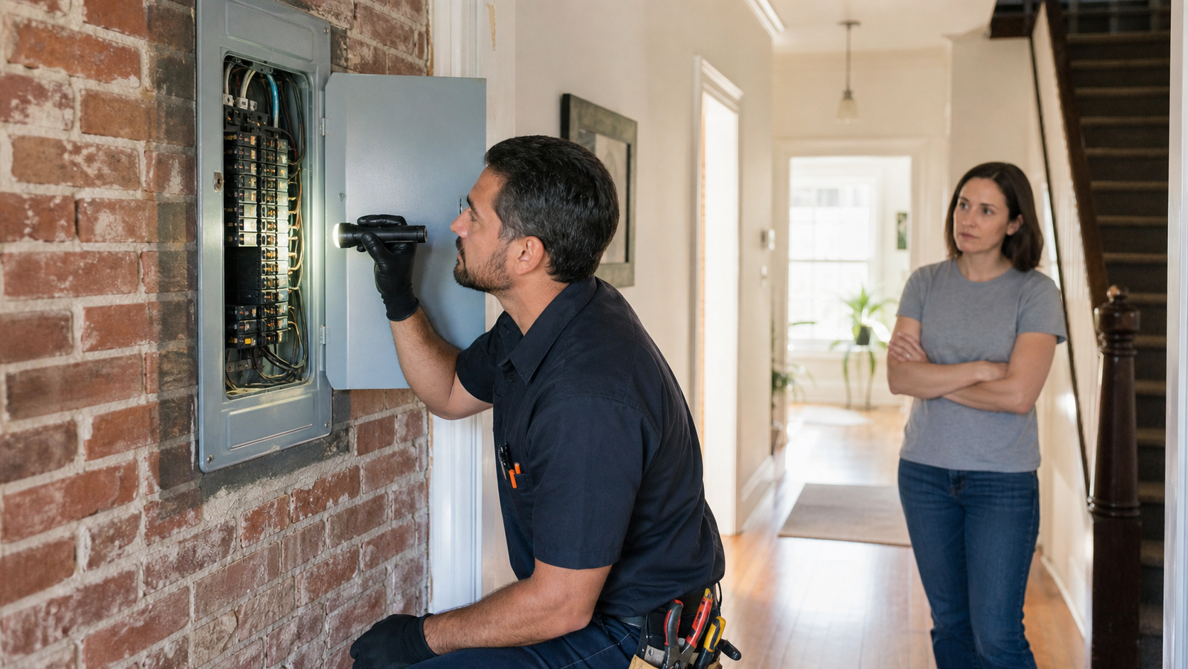 Electrician inspecting a service panel inside an older Philadelphia brick rowhome.
