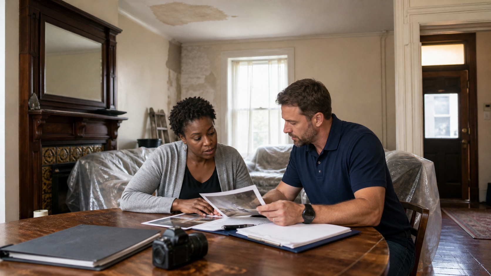 Philadelphia rowhome homeowner reviewing property damage photos with a claims professional.