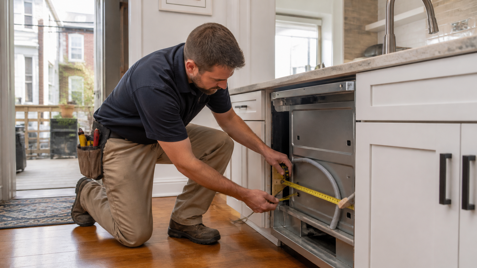 Installer measuring a kitchen appliance opening in a Philadelphia rowhome