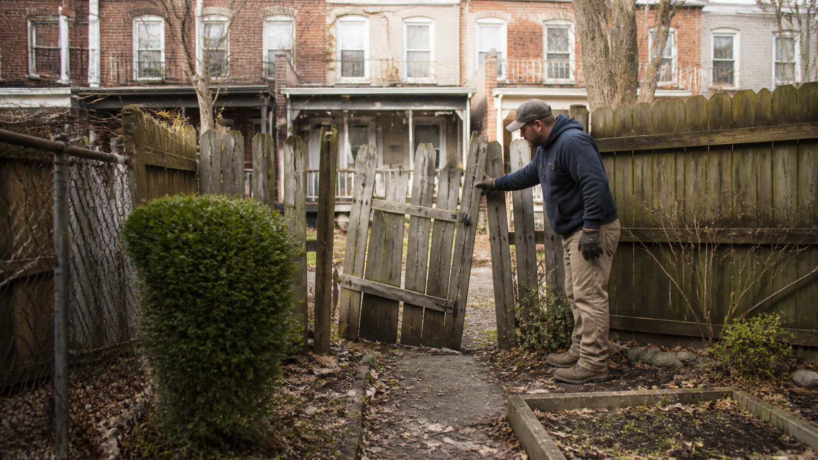 Contractor inspecting a leaning fence in a Philadelphia rear yard