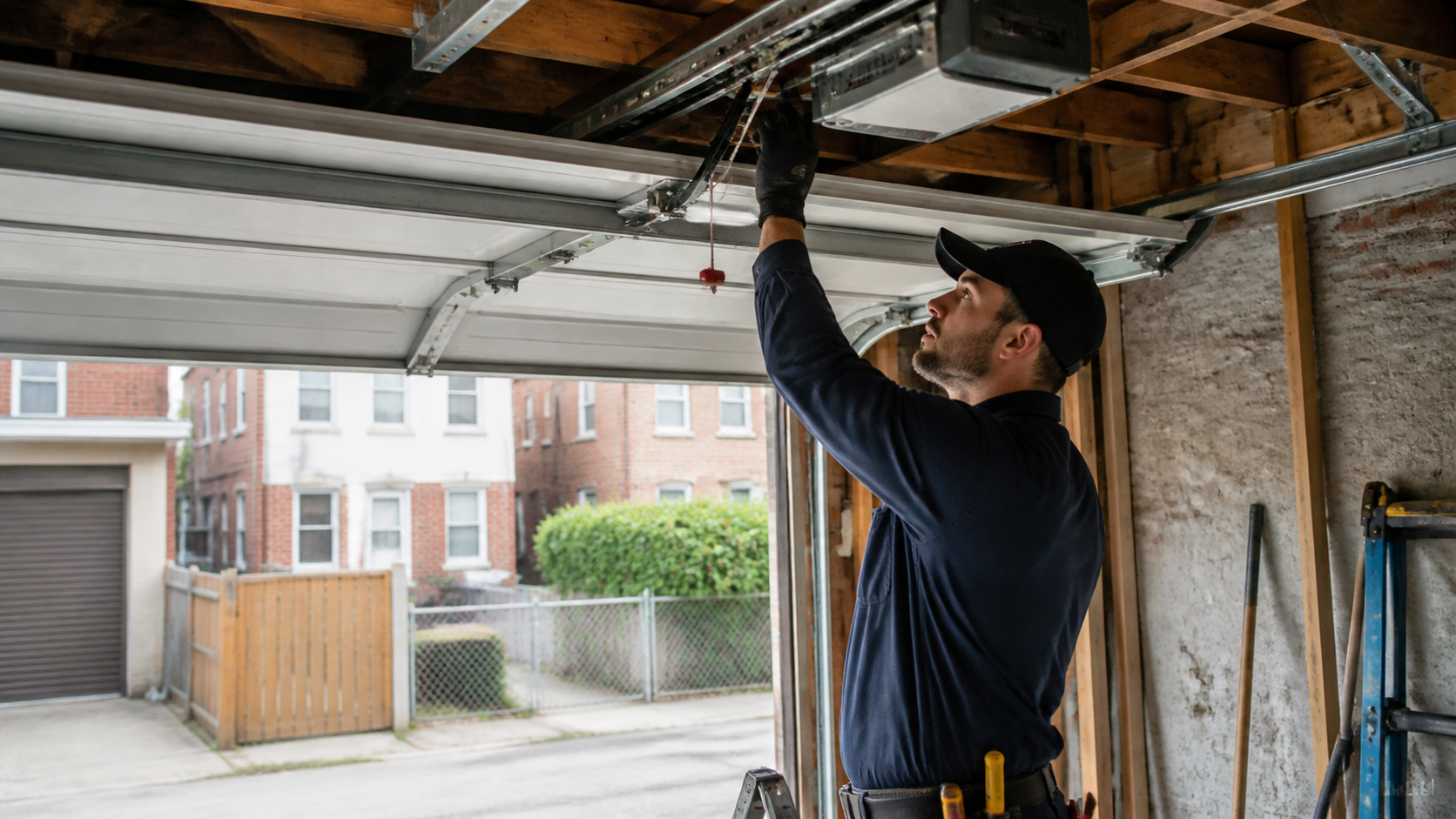 Technician inspecting a garage door at a Philadelphia rowhome