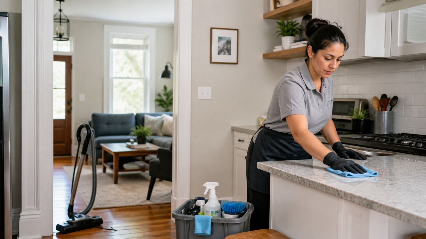 Professional cleaner wiping a kitchen counter in a bright Philadelphia rowhome