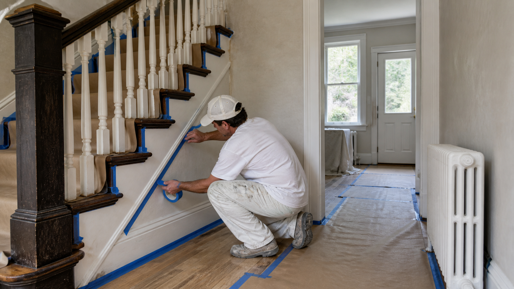 Painter preparing a Philadelphia rowhome stairwell with floor protection