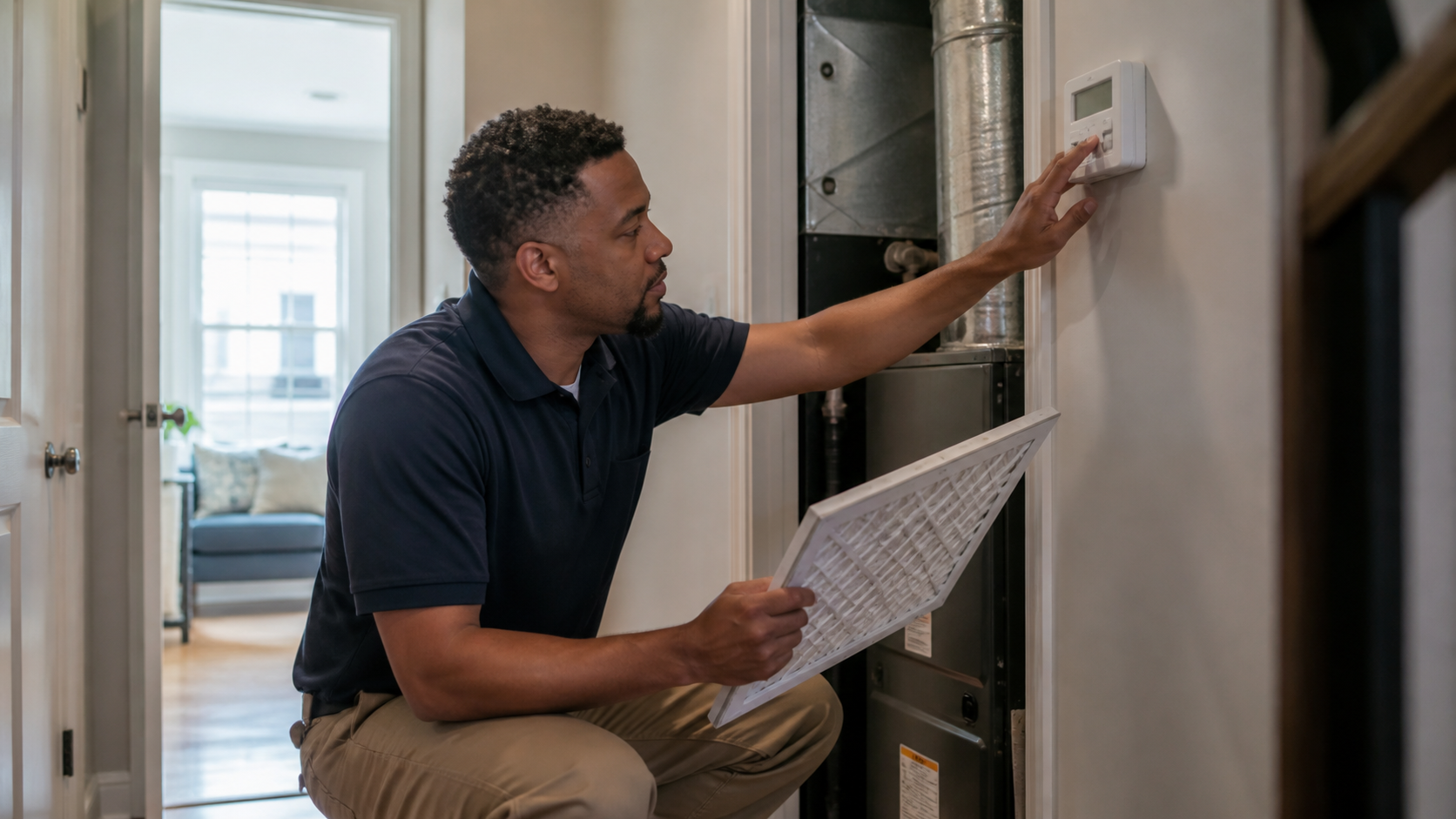 HVAC technician checking an air-conditioning unit at a Philadelphia home