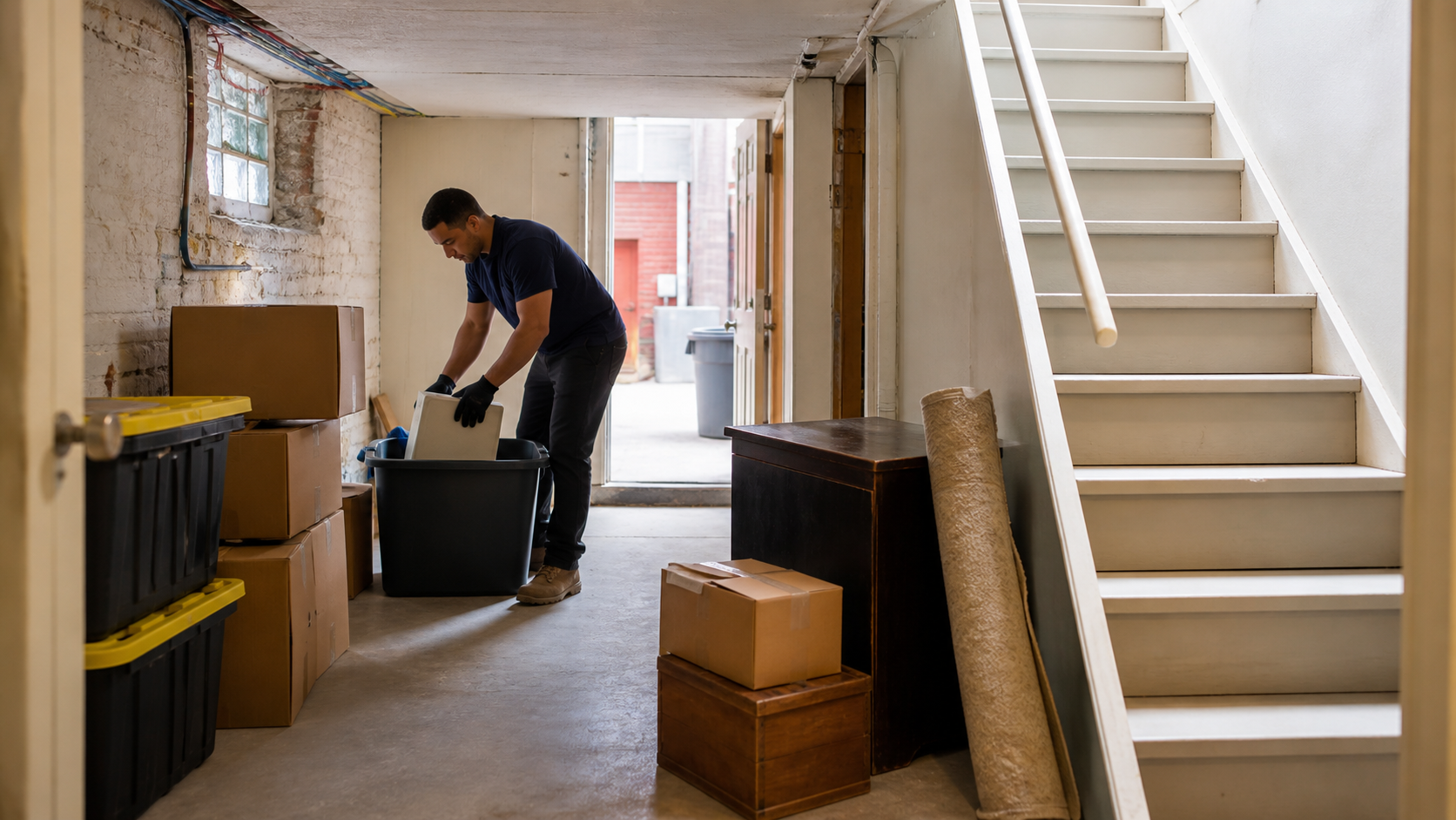 Junk removal professional sorting boxes and furniture in a Philadelphia rowhome basement