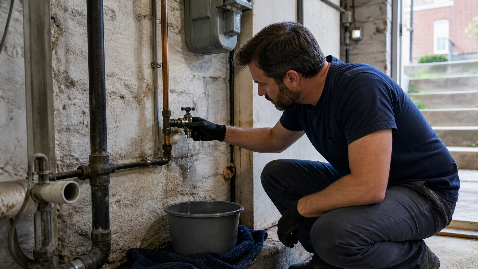 Plumber checking a leak beneath a sink in a Philadelphia rowhome