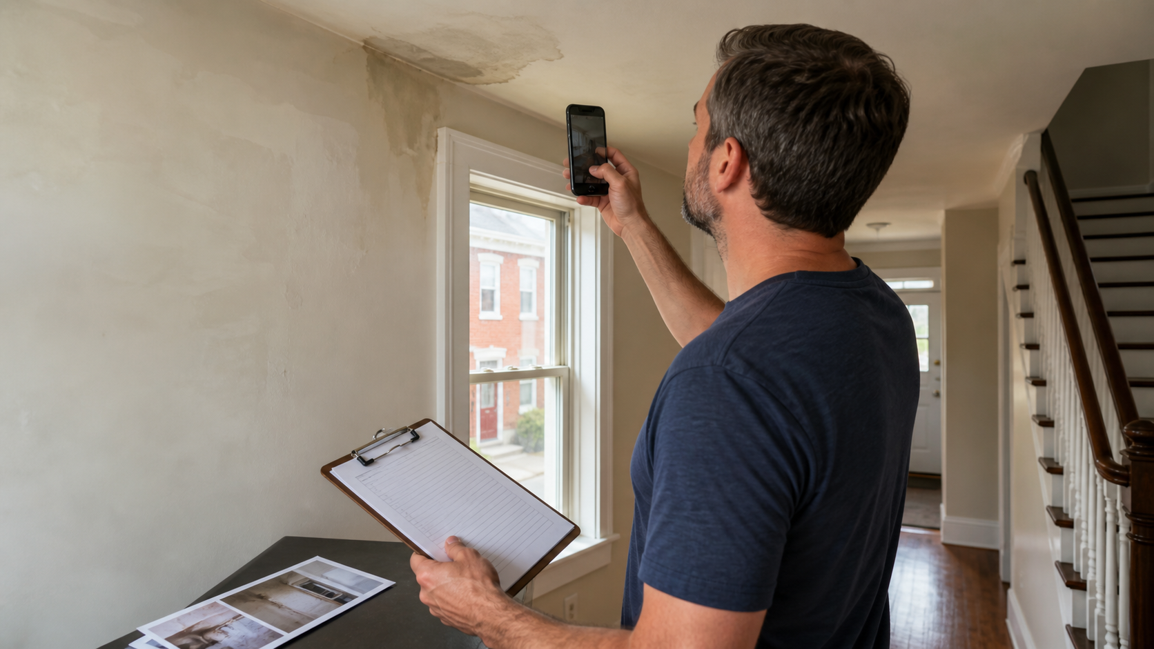 Homeowner documenting ceiling and wall damage inside a Philadelphia rowhome