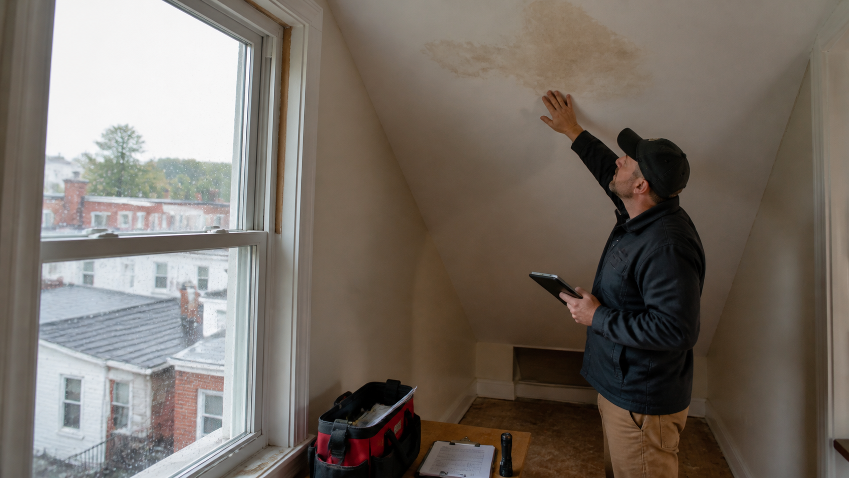 Homeowner documenting storm-related roof damage on a Philadelphia rowhome
