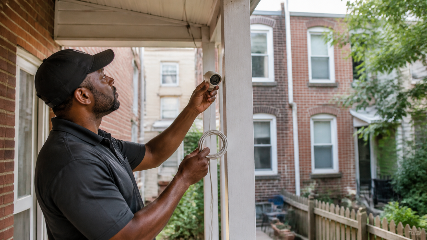 Technician planning a security camera installation at a Philadelphia rowhome entrance
