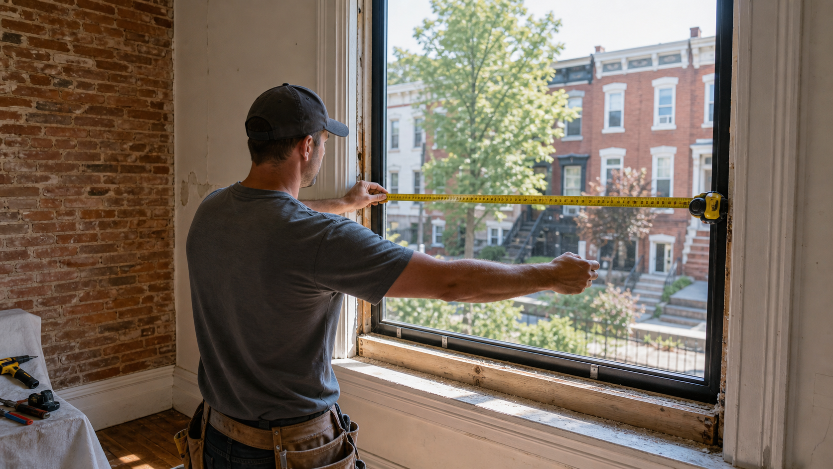 Contractor measuring a window opening on a Philadelphia rowhome