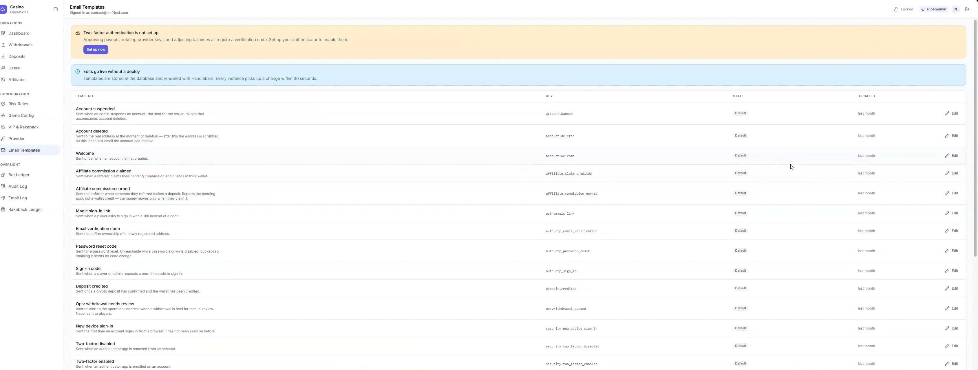 Private email system admin interface