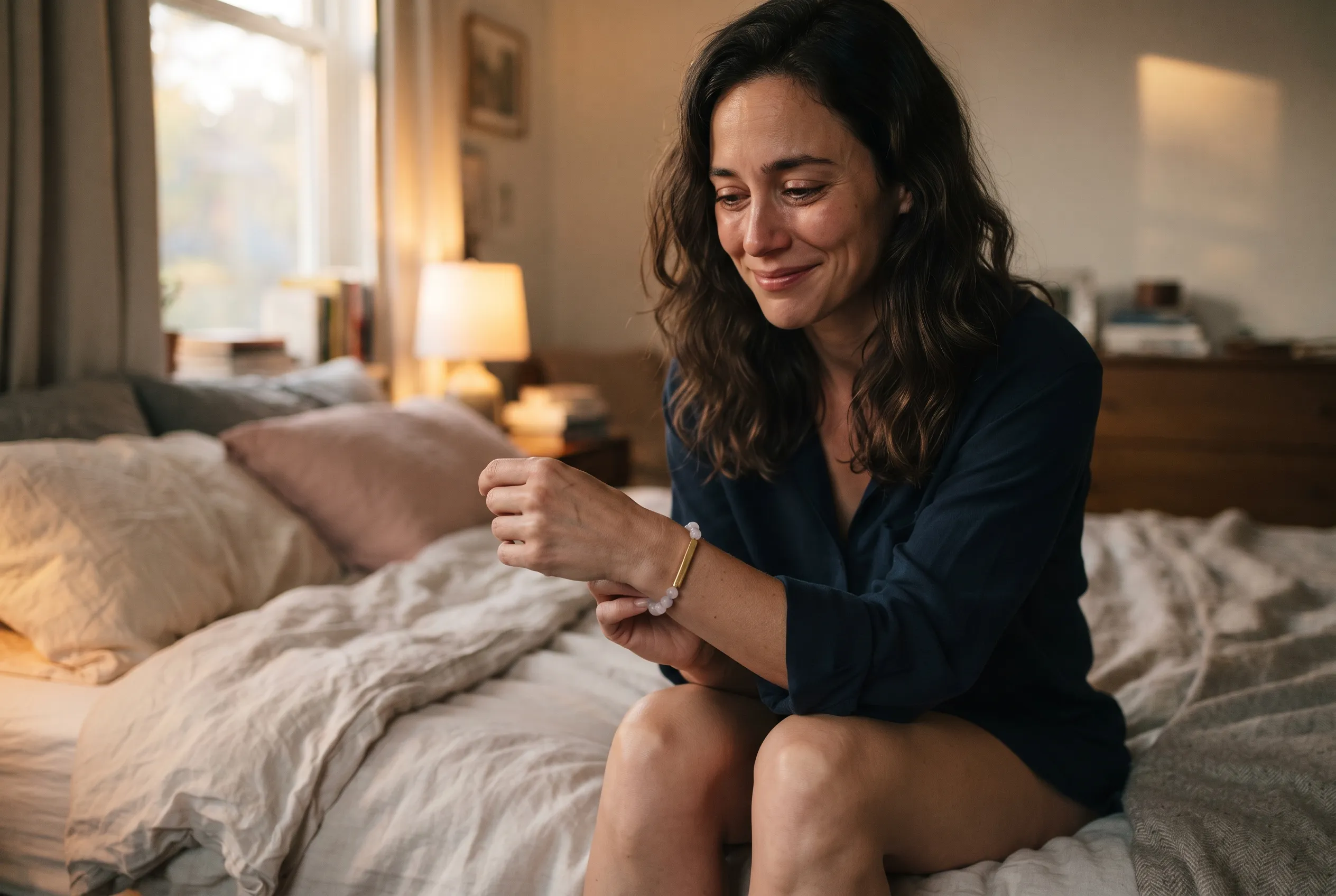 A woman sitting on her bed after a long day, smiling softly at her rose quartz Take Courage bracelet