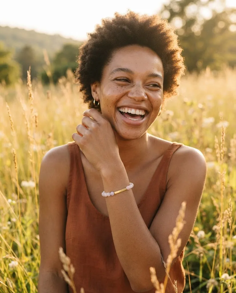 A woman laughing in a sunlit field, holding up her rose quartz bracelet