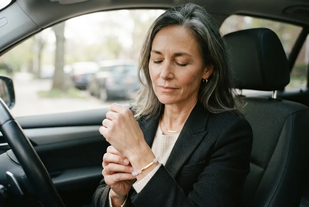 A woman in her car taking a calm breath, touching her bracelet before a big meeting