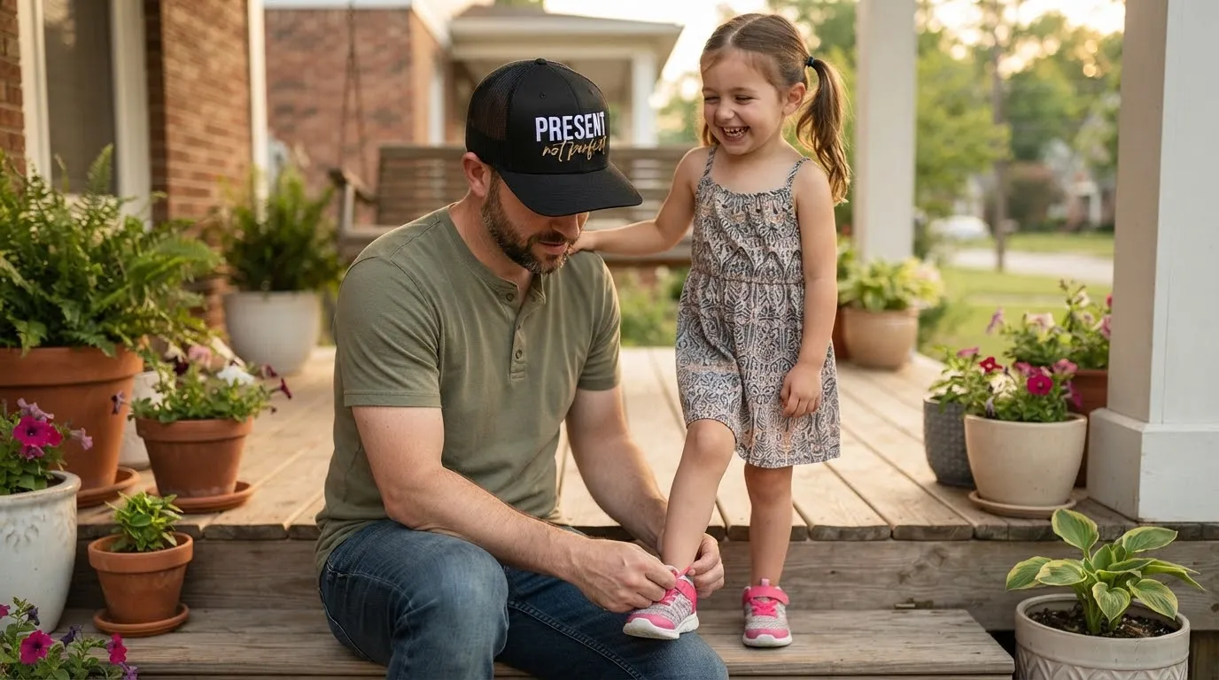 A dad in the Present Not Perfect hat tying his daughter's shoe on the porch