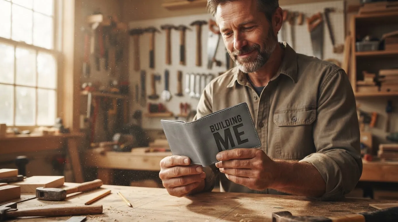 A carpenter in his workshop holding the engraved Building Me bi-fold wallet