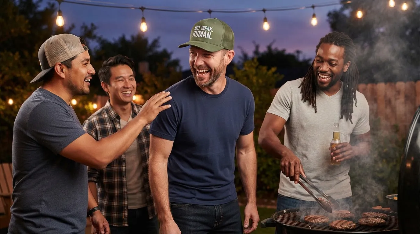 Friends laughing around a backyard grill, one wearing the Loden Not Weak. Human. hat