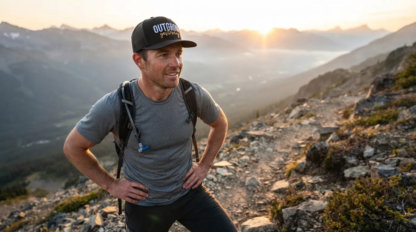 A hiker on a mountain trail at sunrise wearing the Outgrow Yesterday hat